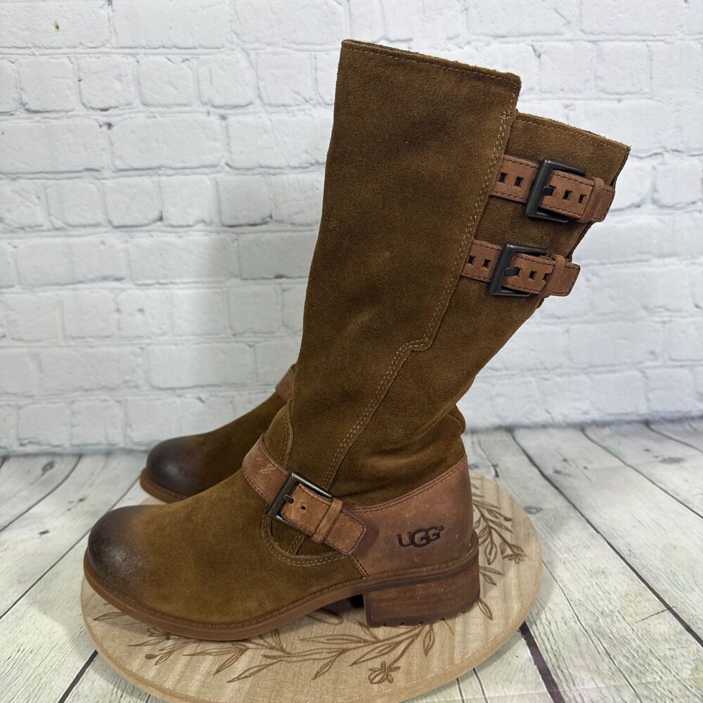 Ugg Australia Tall Boots Size 7.5 Everglade Leather Suede Buckle Distressed - Picture 3 of 12